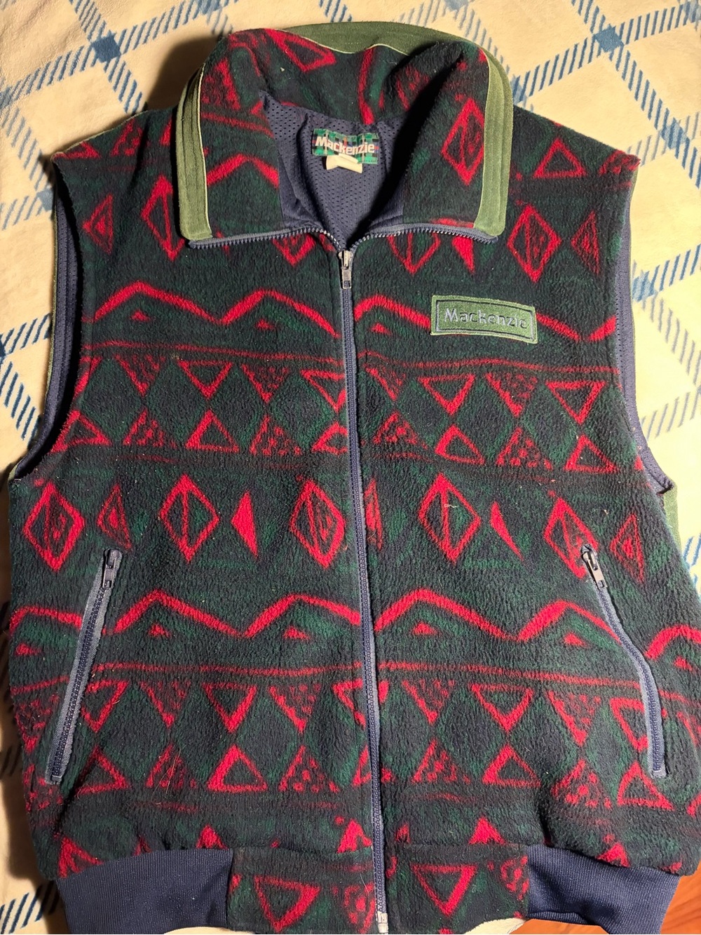 Vintage Retro Mackenzie Zip-Up Fleece Vest in Green & Red Geometric